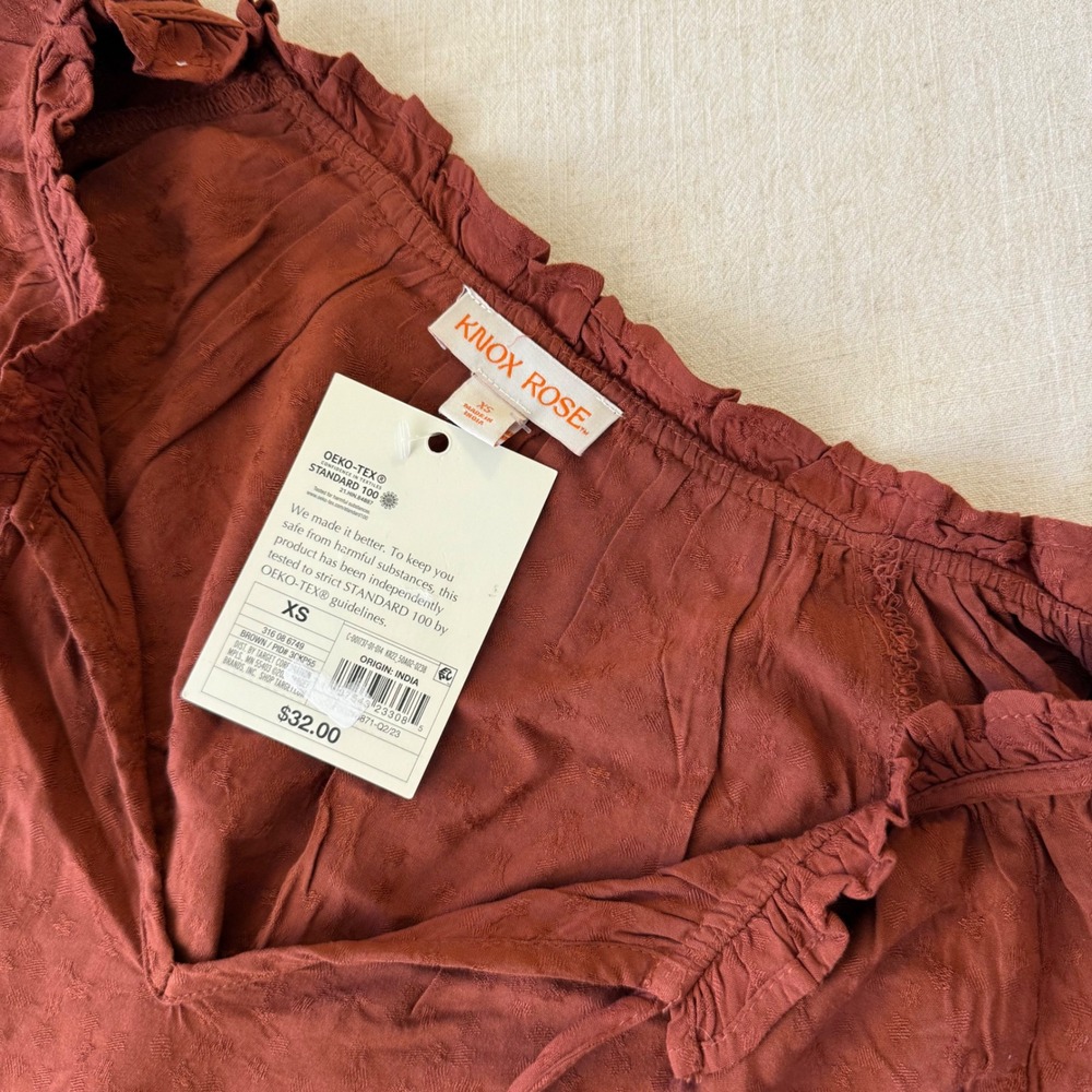 Knox Rose Rust Brown Clip Dot Peasant Blouse Tassel Tie Balloon Sleeve NWT XS - Picture 7 of 13